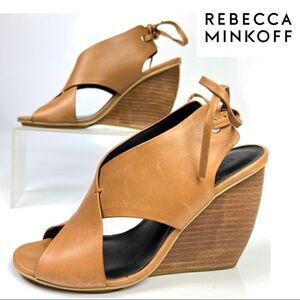 REBECCA MINKOFF Size 6 Eden Leather Criss Cross Curved Wedge Peep Toe Tan